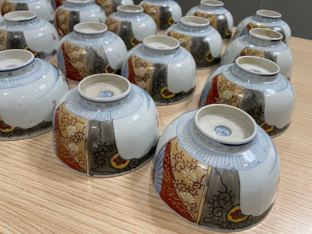 古伊万里 富貴長春 色絵金彩 富士 雪柄 小鉢 蓋付き椀 茶碗 レトロ 20客