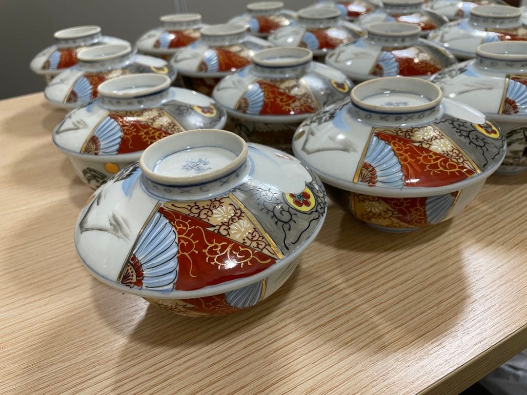 古伊万里 富貴長春 色絵金彩 富士 雪柄 小鉢 蓋付き椀 茶碗 レトロ 20客