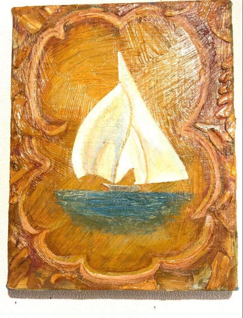 そのまま飾れるヨットの油絵　F0号　ベージュ　ゴールドカラー　白いヨット