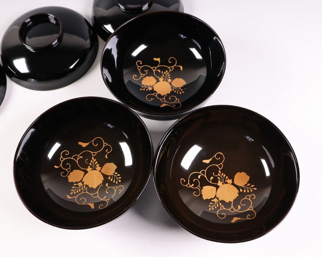 【MB194】天然木漆塗 鳳凰桐唐草 金蒔絵 黒塗 吸物椀 三客 大正昭和