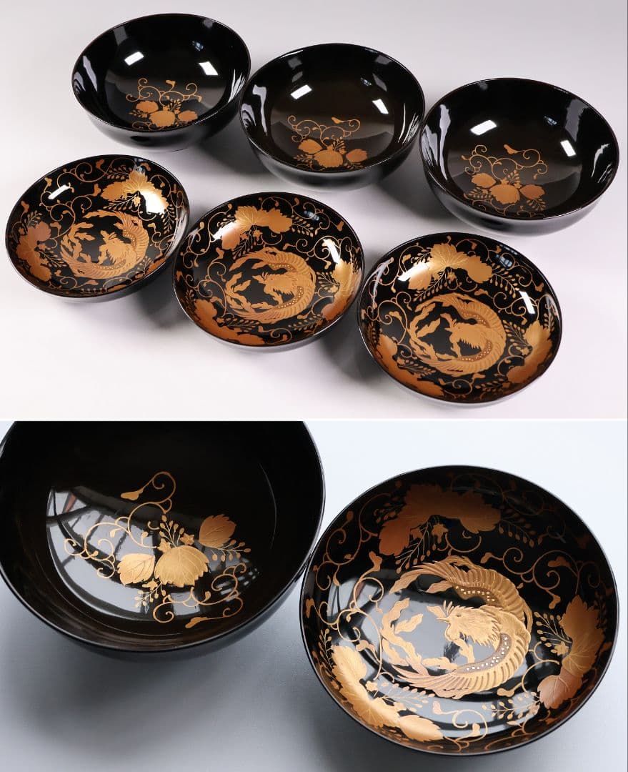 【MB194】天然木漆塗 鳳凰桐唐草 金蒔絵 黒塗 吸物椀 三客 大正昭和