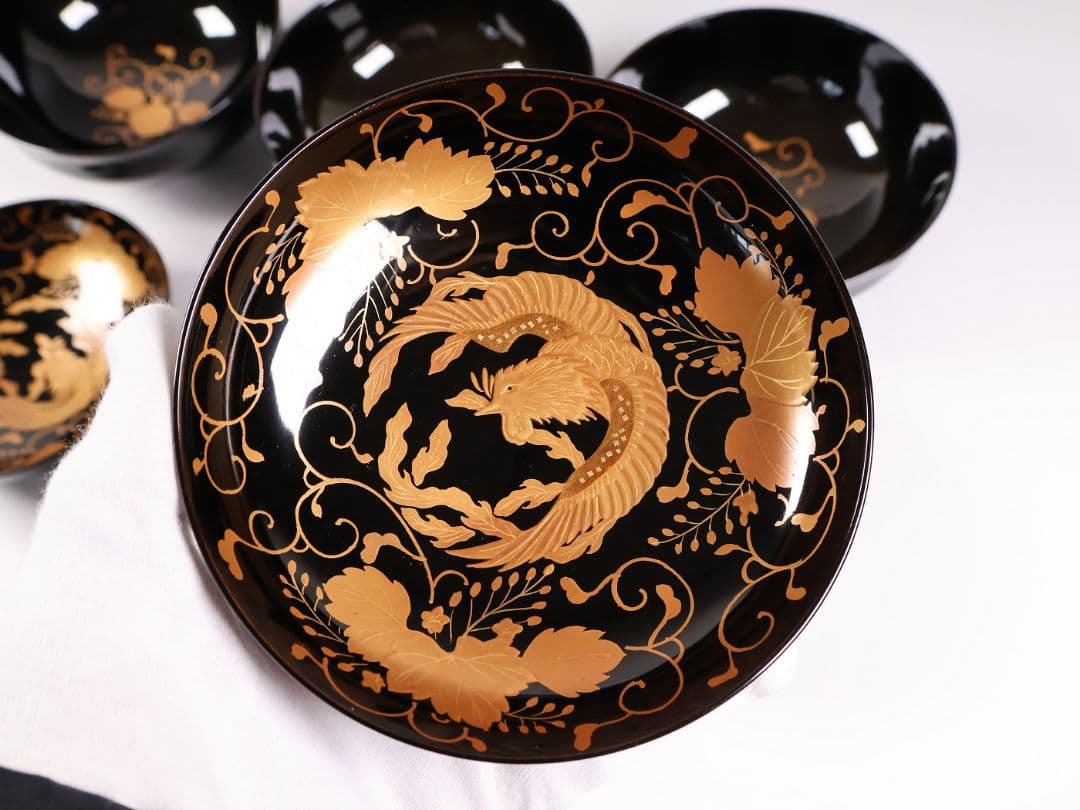 【MB194】天然木漆塗 鳳凰桐唐草 金蒔絵 黒塗 吸物椀 三客 大正昭和