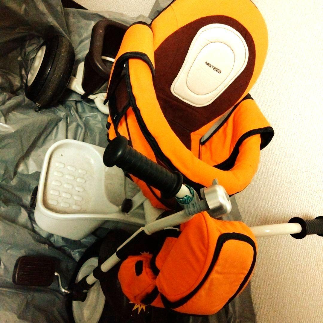 三輪車　オレンジ バックハンドル付き　安全操作 収納バッグ付き　撥水シート付人気