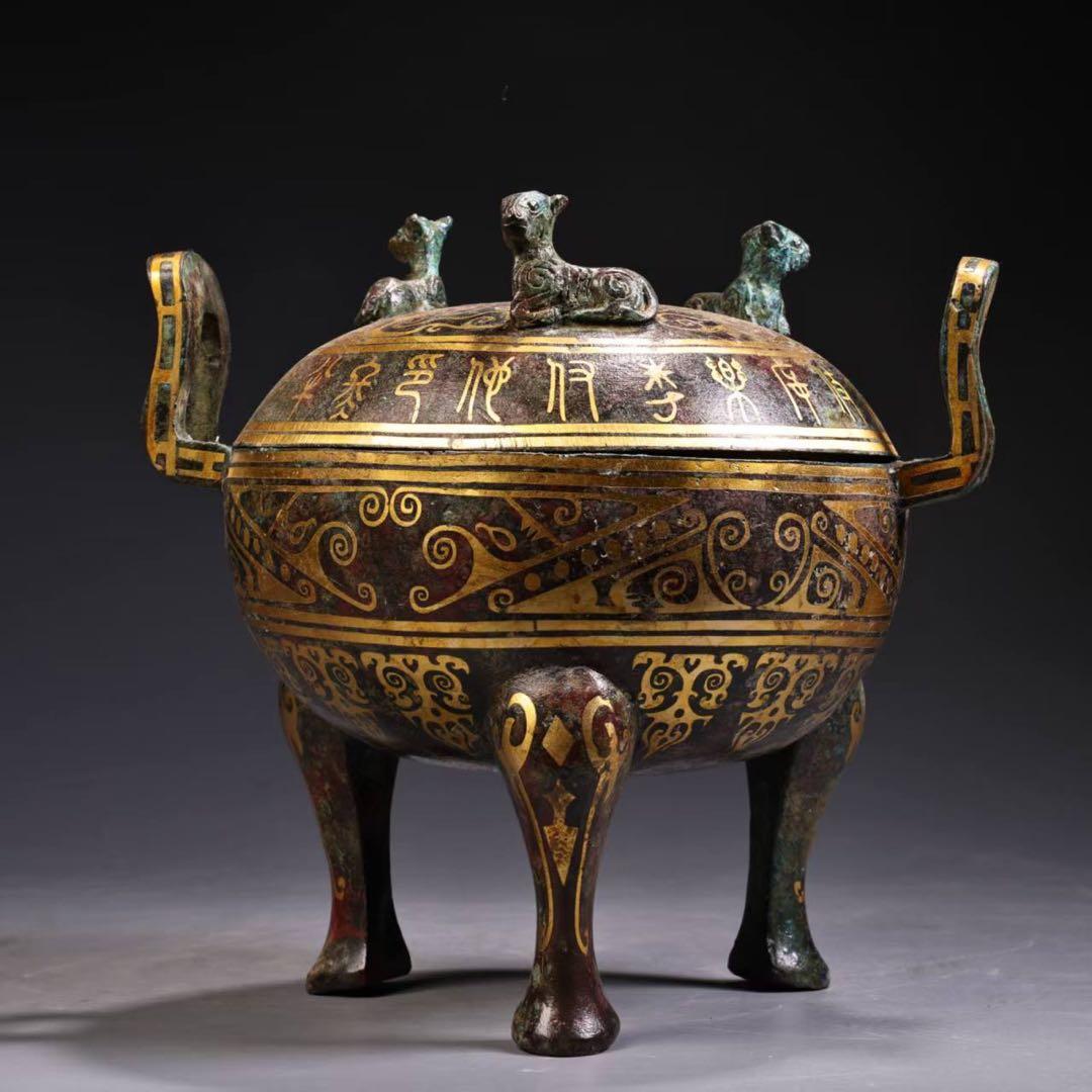 中国古美術・旧蔵搓金銀装飾付き銘文入り双耳三脚円鼎炉・青銅・純手作り・置物・茶道