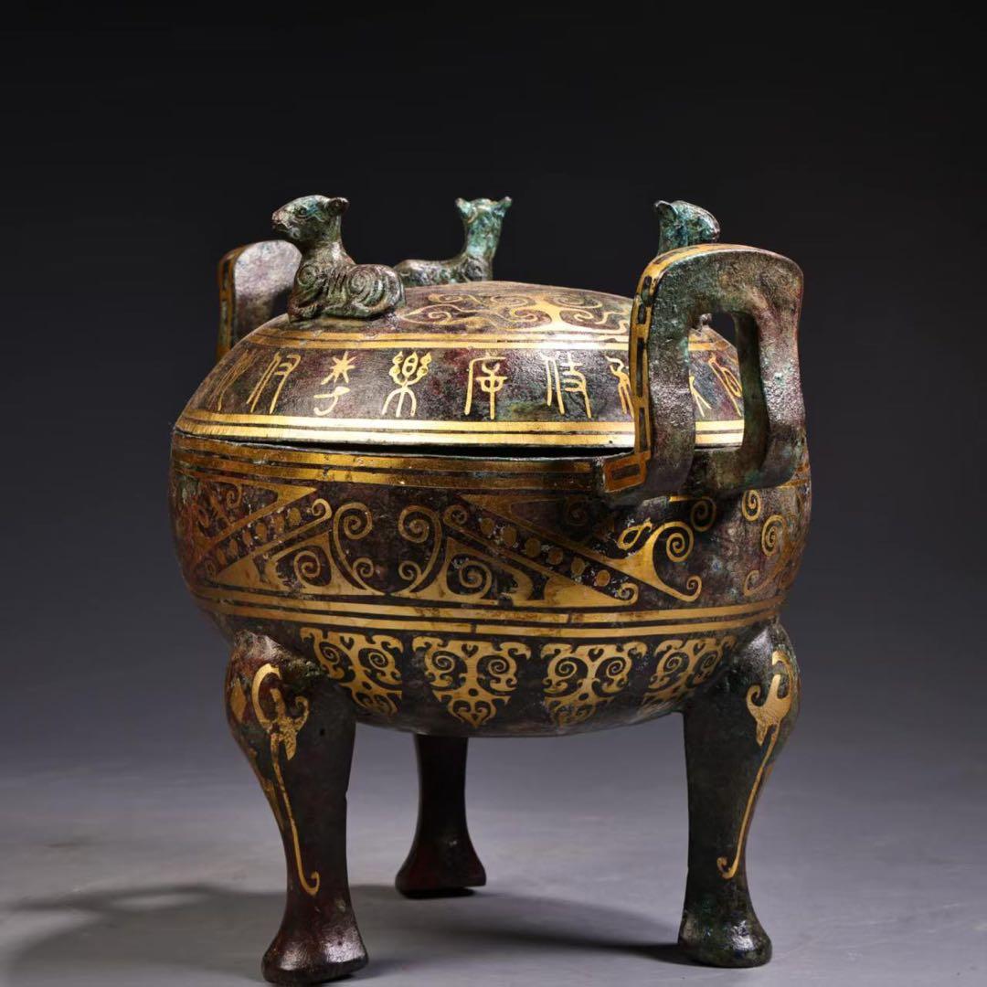中国古美術・旧蔵搓金銀装飾付き銘文入り双耳三脚円鼎炉・青銅・純手作り・置物・茶道