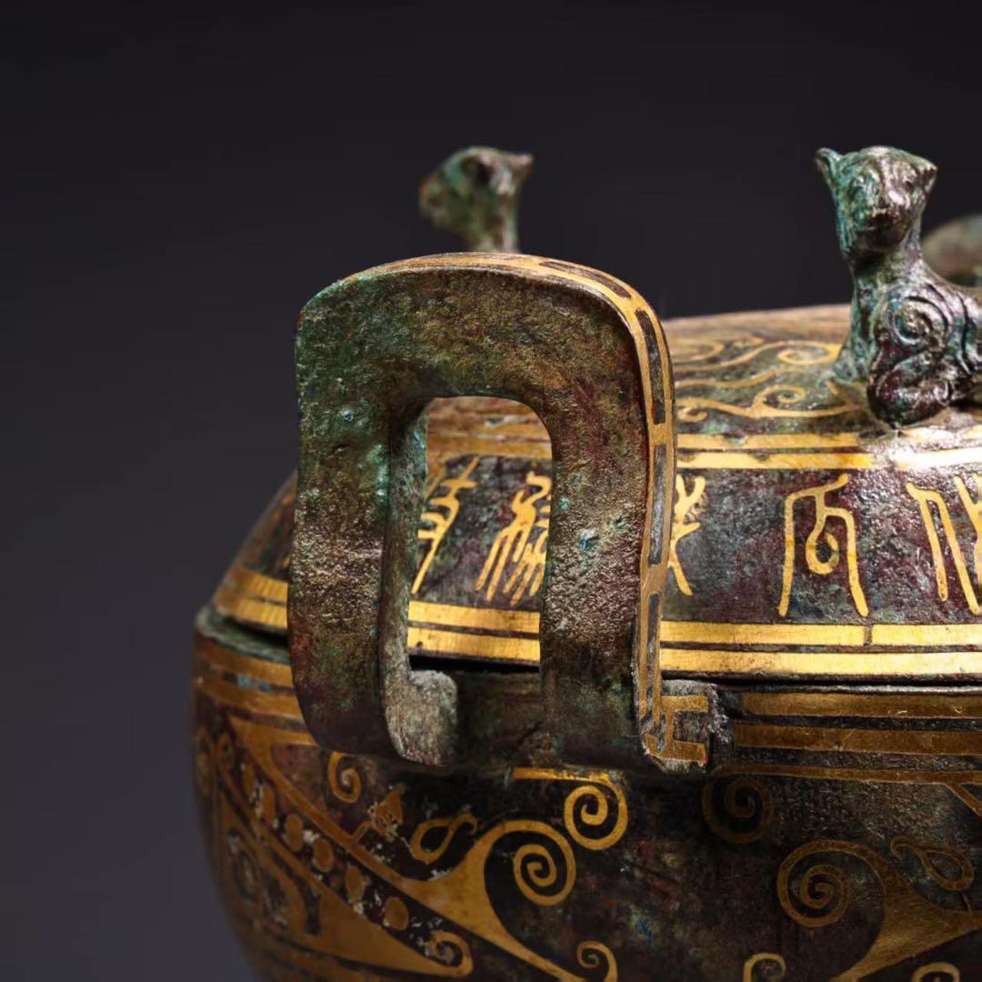 中国古美術・旧蔵搓金銀装飾付き銘文入り双耳三脚円鼎炉・青銅・純手作り・置物・茶道