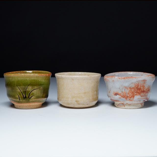 加藤芳右衛門・光右衛門・弥右衛門　三種ぐい吞み　黄瀬戸・青（織部）・鼠志野