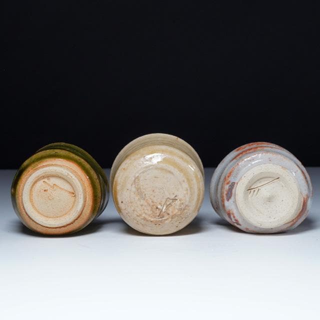 加藤芳右衛門・光右衛門・弥右衛門　三種ぐい吞み　黄瀬戸・青（織部）・鼠志野