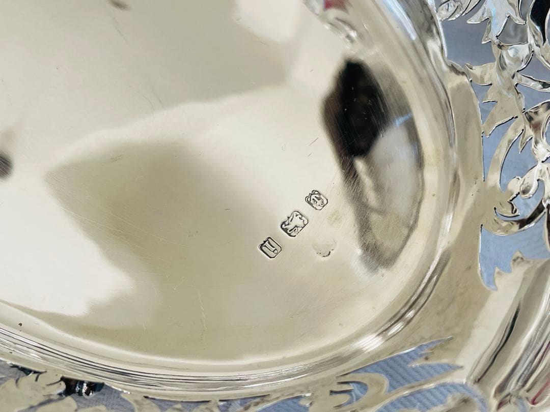 英国製　透かし細工のオーバルバスケット　スターリングシル