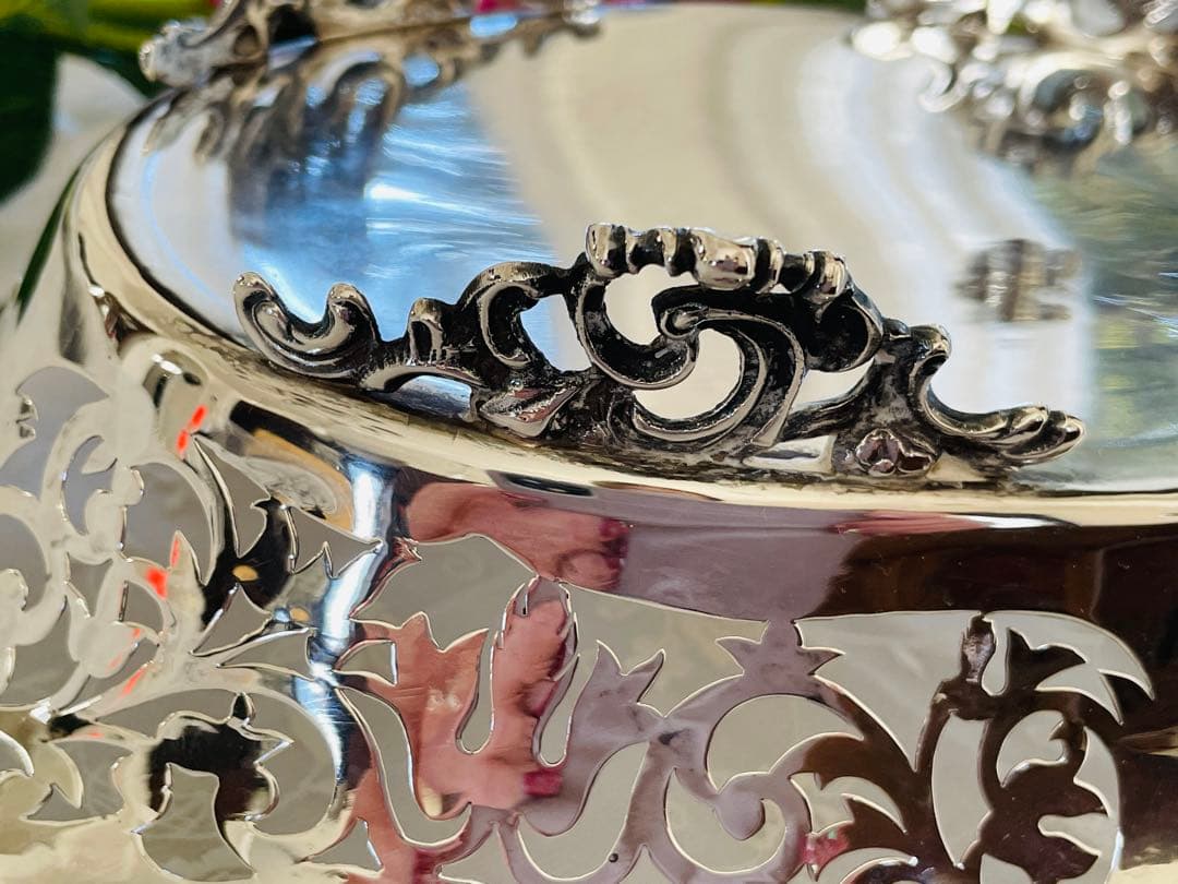 英国製　透かし細工のオーバルバスケット　スターリングシル