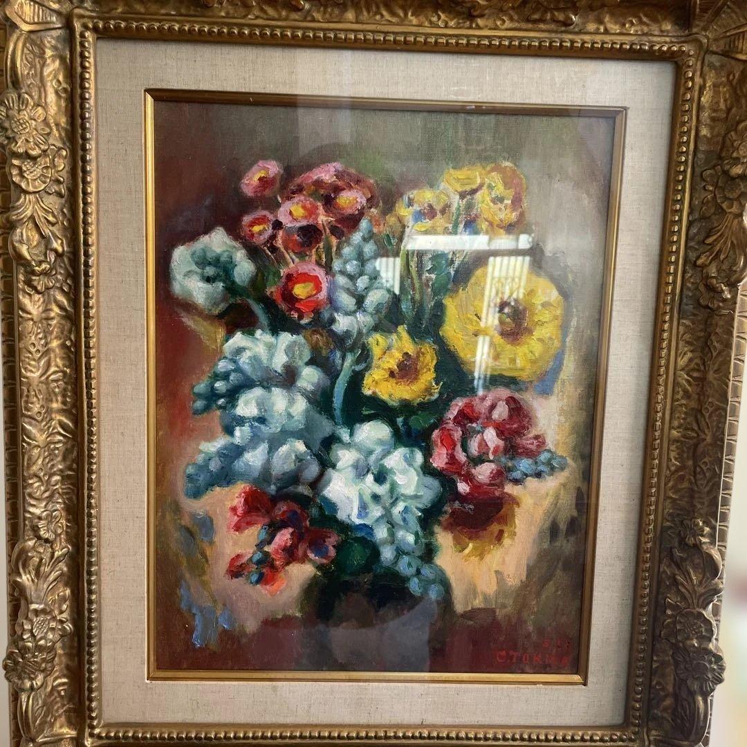 花の油彩画 S.A. サイン付き