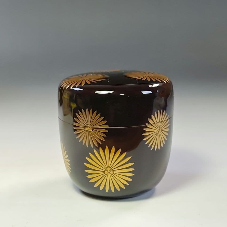 イ806 棗『村田宗覚作』『而妙斎　花押　極箱　唐松蒔絵　内銀黒大棗　二重箱』