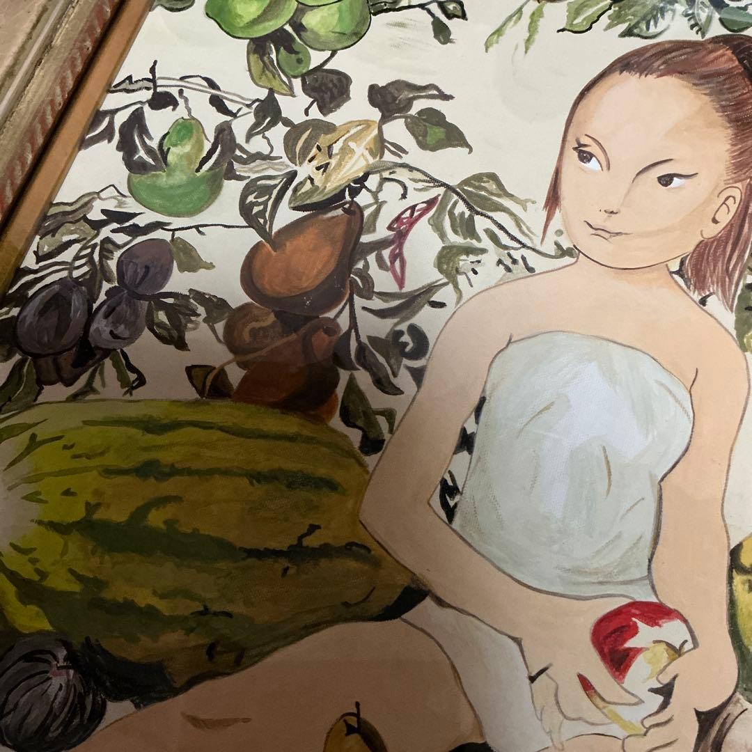 藤田嗣治 肉筆 油彩画 果物と少女 （市場では模写）藤田嗣治と東郷青児サインあり