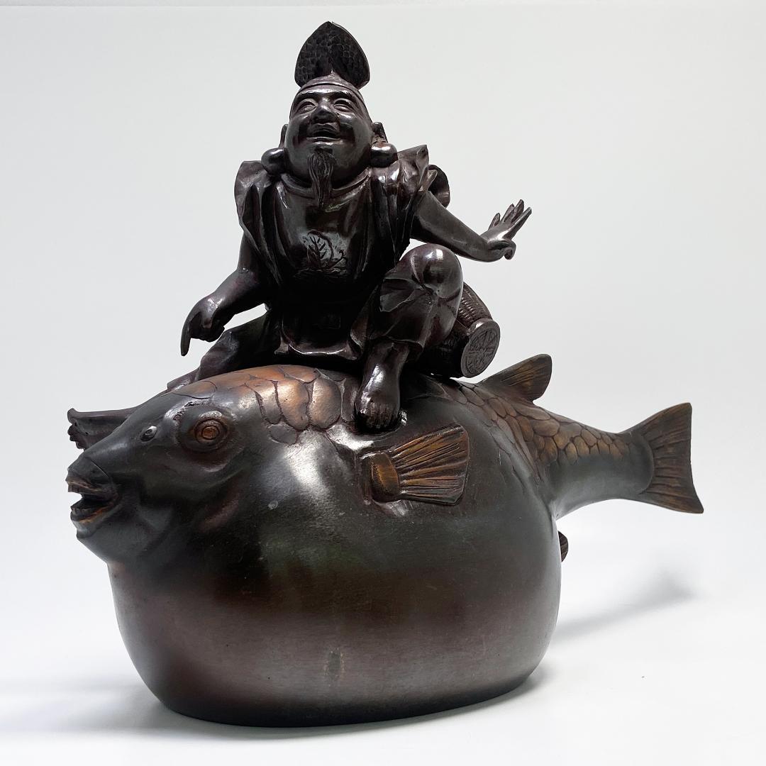 希少 高村泰正 作 唐銅製 河豚 恵比寿様 のったり 置物
