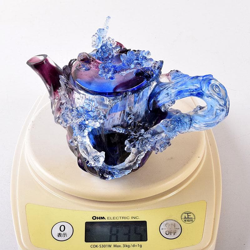 中国　ガラス工芸　琉璃夏氏　花彫刻　急須型　置物　箱・証明書付　C　8201