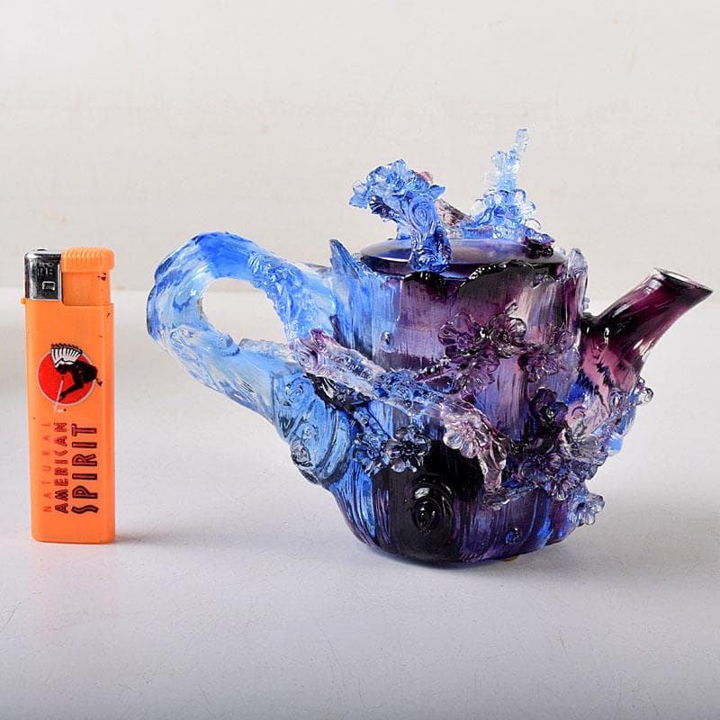 中国　ガラス工芸　琉璃夏氏　花彫刻　急須型　置物　箱・証明書付　C　8201