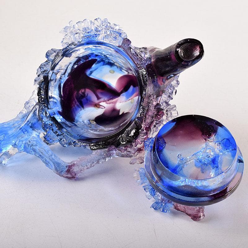 中国　ガラス工芸　琉璃夏氏　花彫刻　急須型　置物　箱・証明書付　C　8201