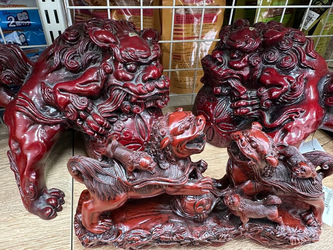 【3体セット】赤獅子 狛犬 親子獅子 置物 大小まとめ売り 縁起物 風水