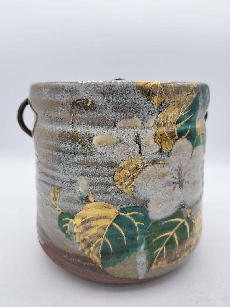 c810 【未使用】水指 乾山写 耳付 夕顔 中村秋峰 木箱 茶道具 古物