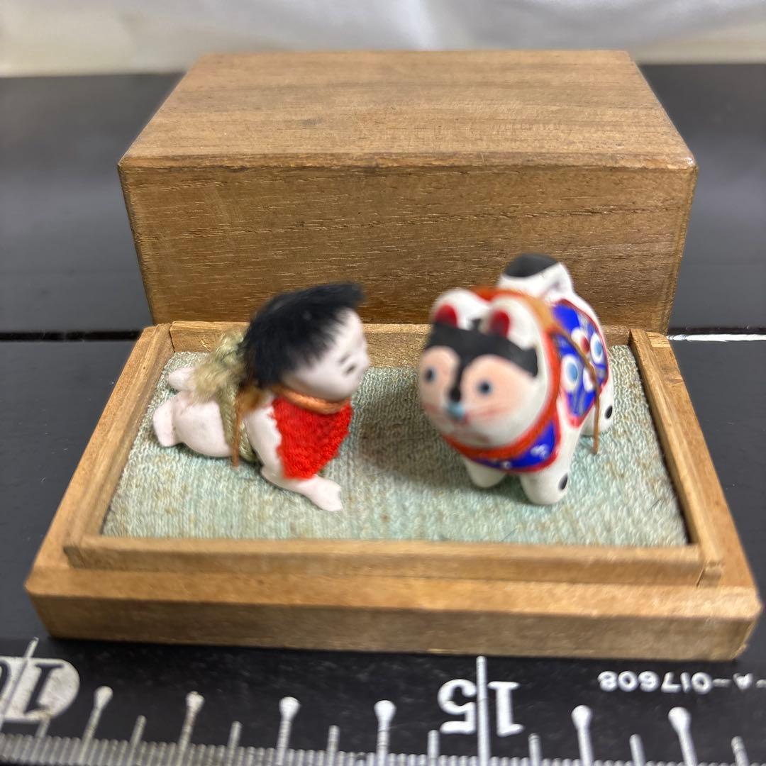 ❷アンティークハイハイ人形こま犬、亀ガラスケース桐箱童子大正昭和初期まとめて