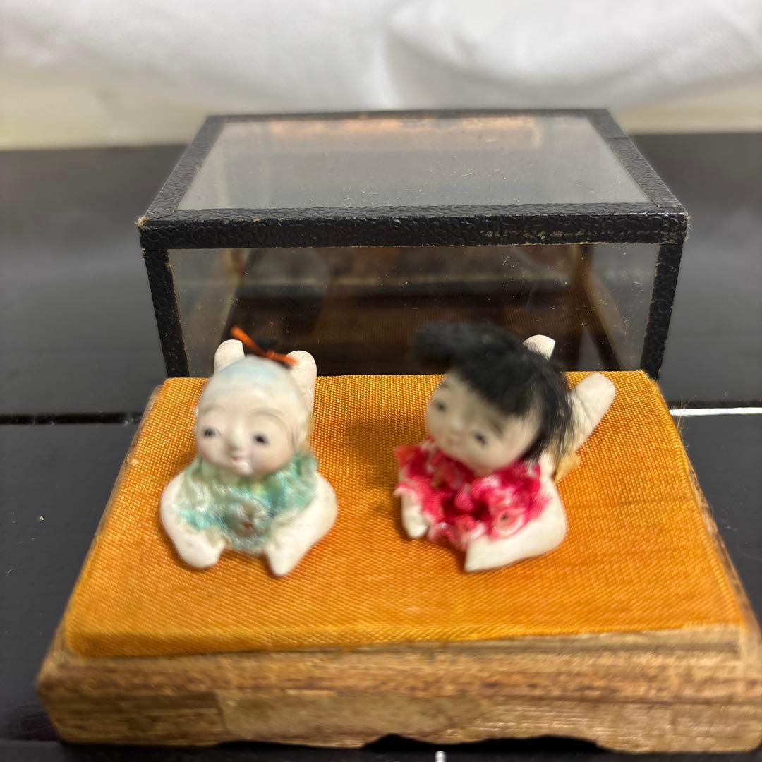 ❷アンティークハイハイ人形こま犬、亀ガラスケース桐箱童子大正昭和初期まとめて