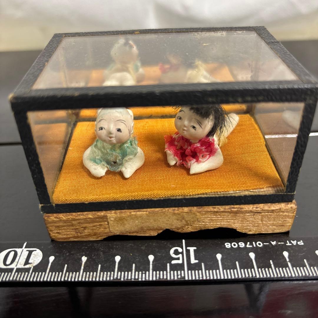 ❷アンティークハイハイ人形こま犬、亀ガラスケース桐箱童子大正昭和初期まとめて