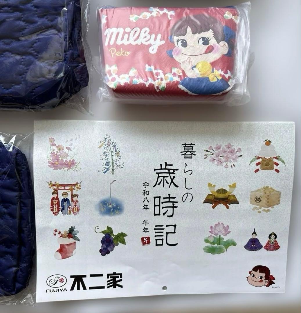不二家ペコちゃんミルキーBOX 2026 ＋オマケ（卓上カレンダー＋ポーチ2個）
