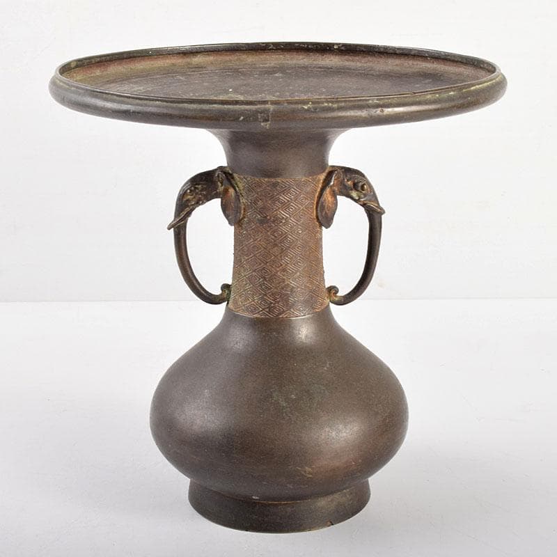 中国　大明宣徳年製款　古銅　雷文　象双耳瓶　D　R4949