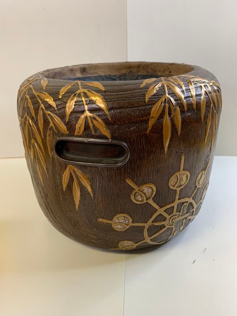 明治時代 伝統工芸品 菊花鳥蒔絵 螺鈿  時代物 古い火鉢