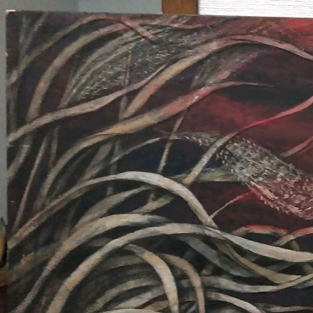 日本画　夕日に燃えるすすき