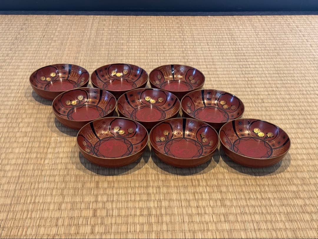 大内塗 草花 鳳凰紋 銘々皿 9客 小皿 懐石料理道具 漆器 木皿