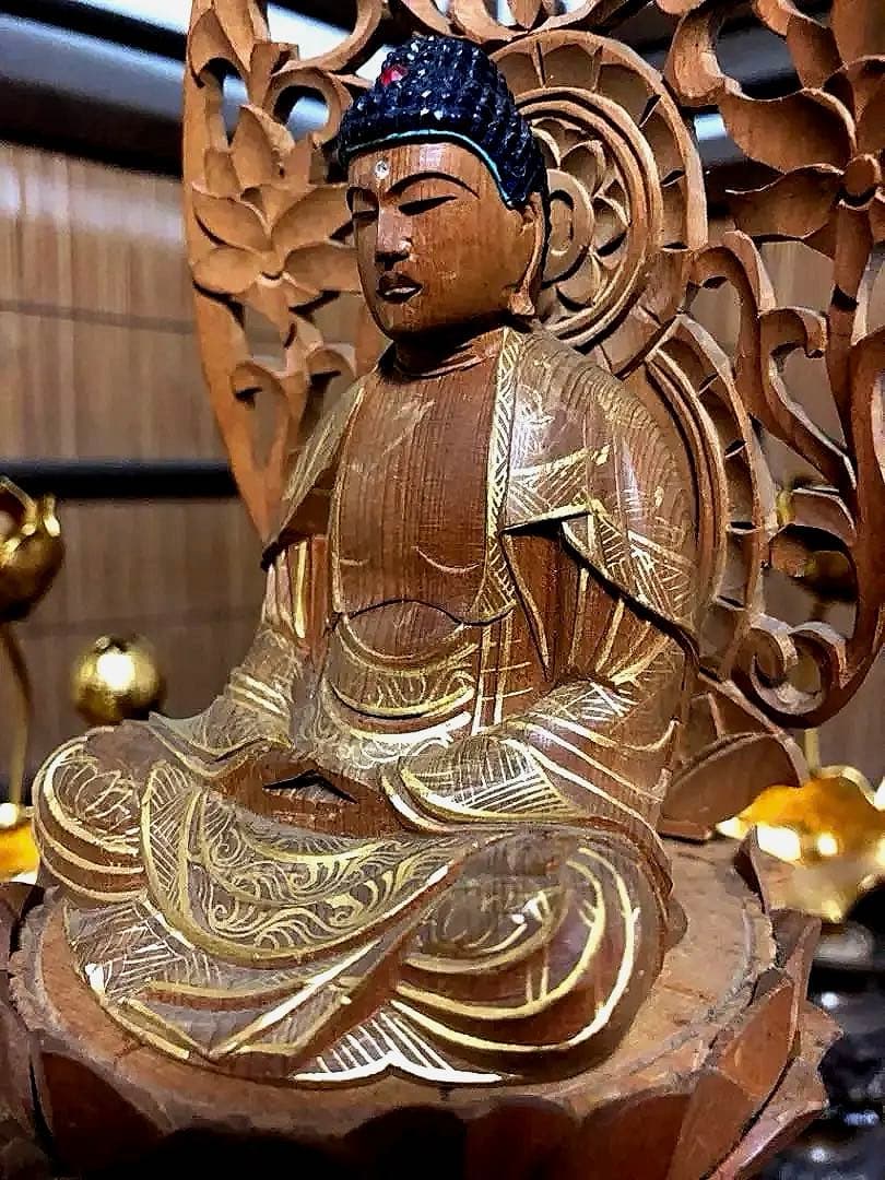 仏教美術 時代 木製 金彩 釈迦如来像 仏像 H30㎝