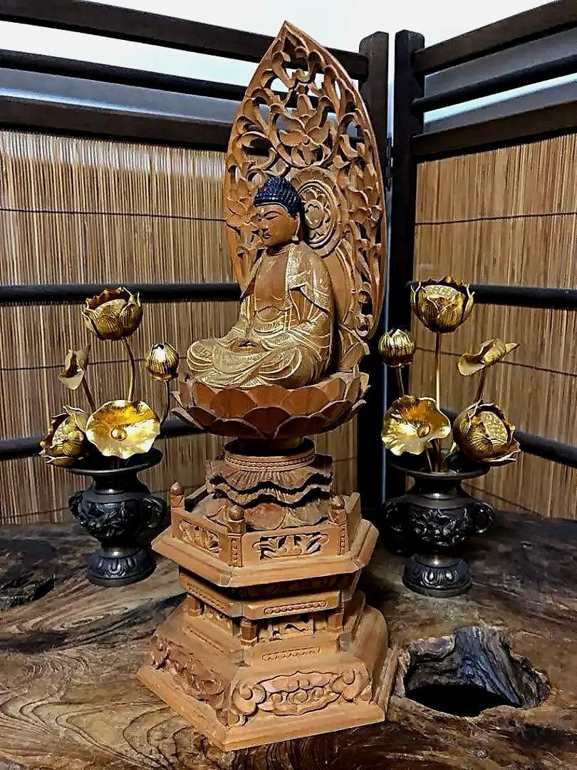 仏教美術 時代 木製 金彩 釈迦如来像 仏像 H30㎝