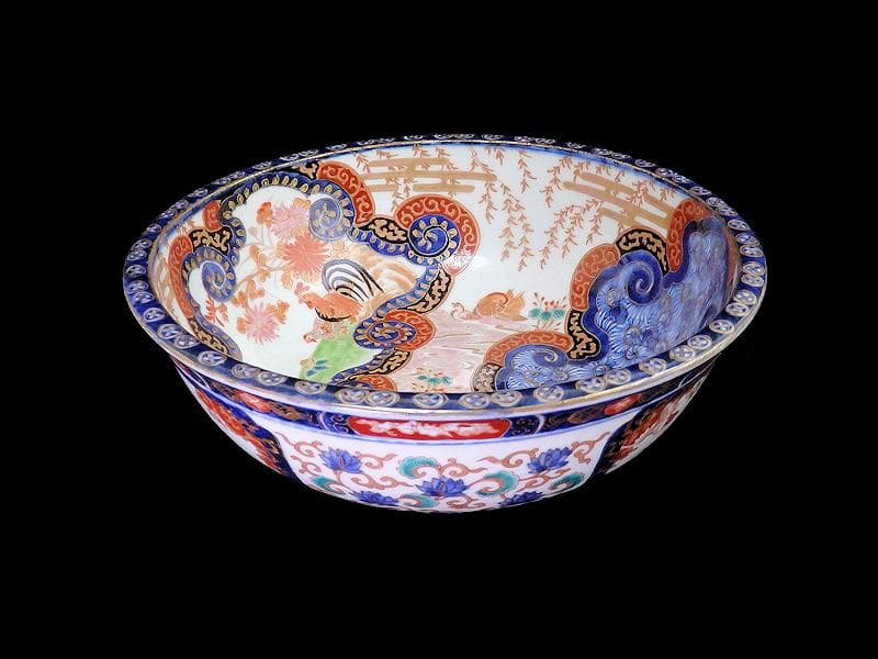 古伊万里　金襴手　流水にオシドリ　菊に尾長鳥の図　大鉢　D078AS-fbqm