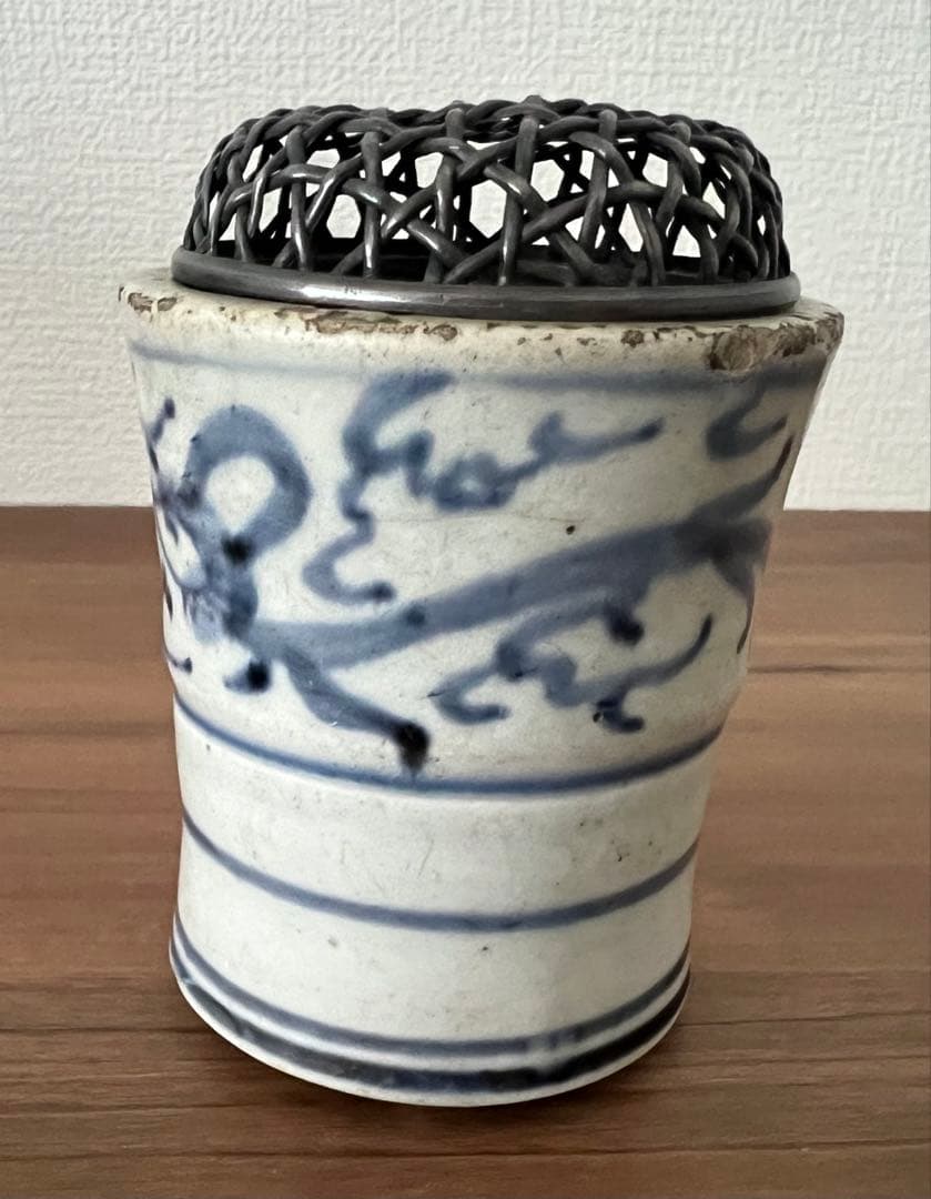 年代物 古染香炉 純銀火屋 香合 箱付き アンティーク
