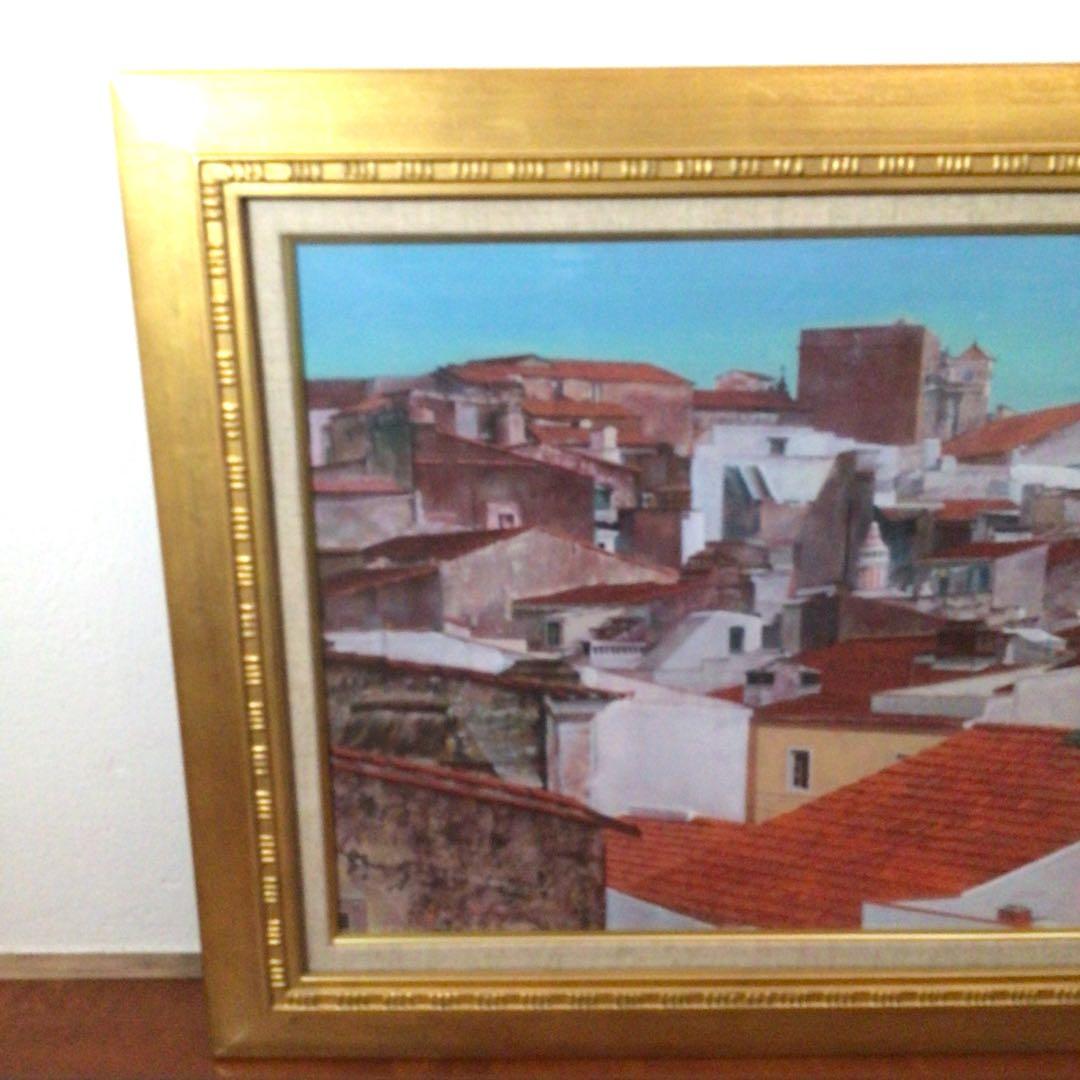 No2758 額装　井阪仁　「赤い屋根の風景」　黄袋共箱　日本画　琳派　送料無料