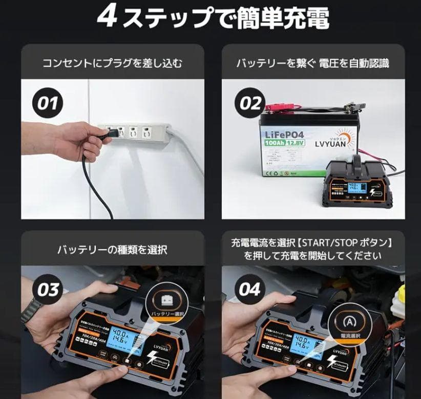 0205バッテリー充電器 40A 12V/24V鉛電池/12V LiFePO4