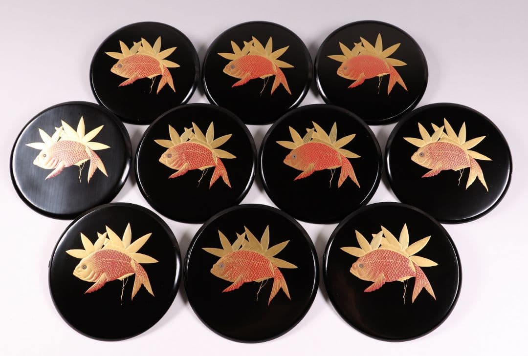 MA27 木製漆器 鍋形菓子椀 十客 鯛蒔絵 金蒔絵 色蒔絵 黒塗 木箱 魚