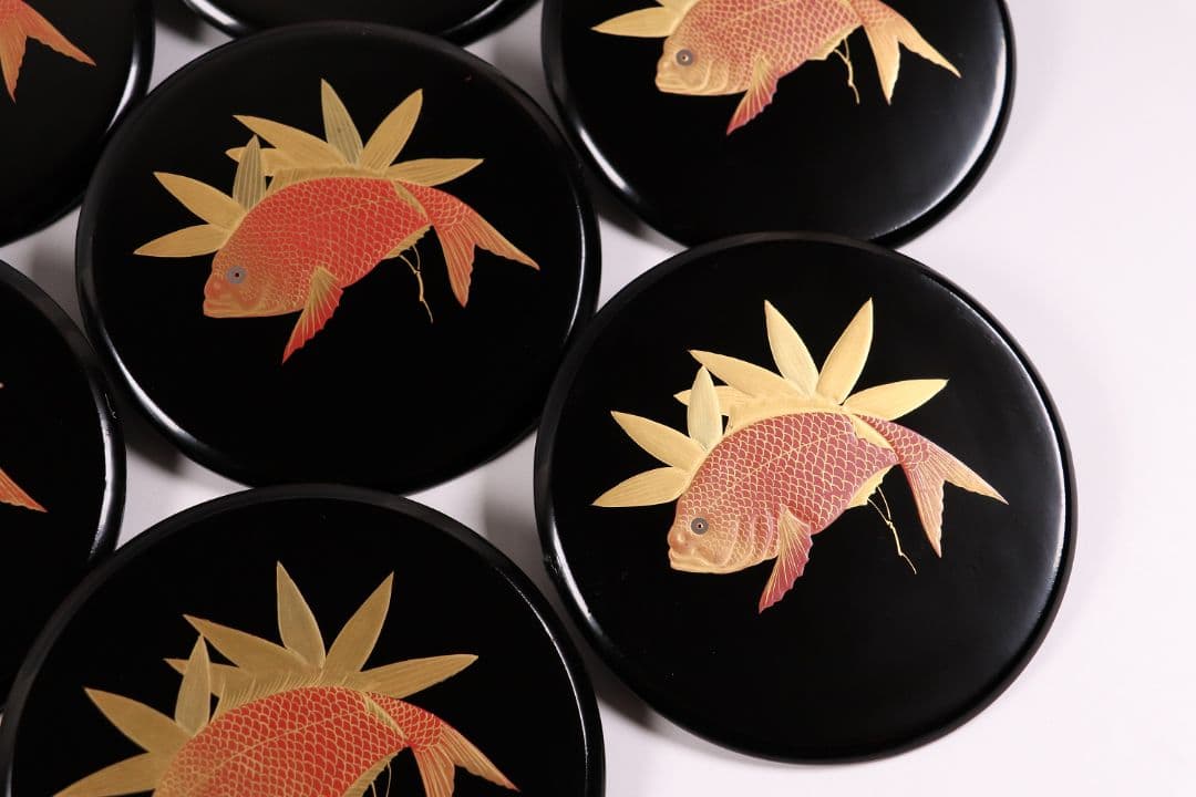 MA27 木製漆器 鍋形菓子椀 十客 鯛蒔絵 金蒔絵 色蒔絵 黒塗 木箱 魚