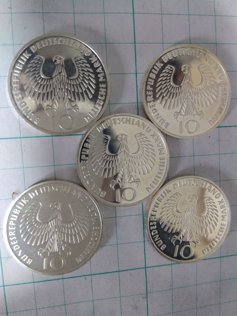 【純銀62.5%】1972年ミュンヘンオリンピック記念銀貨５枚、旧硬貨10マルク