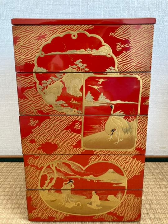 高級時代木製漆器　極上松蒔絵 五段重箱　蒔絵 超美品