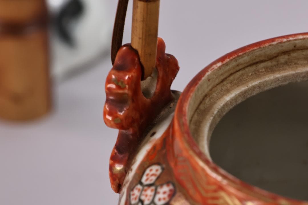 明治期　九谷造　赤絵　花鳥唐子図　注水　急須　重さ347ｇ　茶道具　煎茶道具