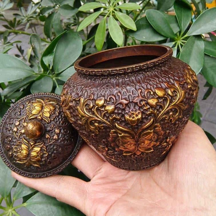 銅 細工 のレリーフお花お 茶の缶 装飾品 現代工芸品美術品 置物
