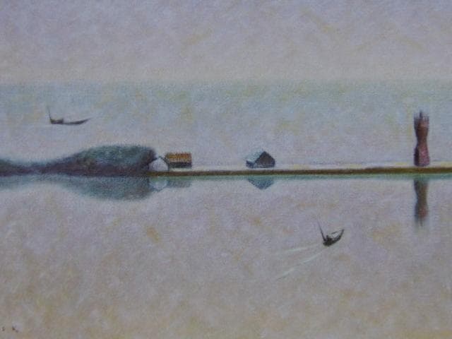 牛島憲之、【朝凪ぐ】、新品高級額 額装付、年代物・希少画集画、状態良好