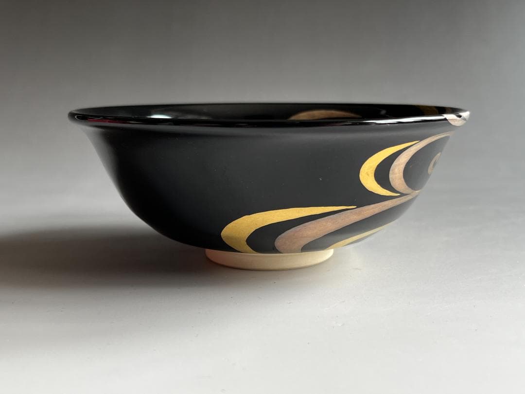 通次阿山　黒地　流水　茶碗　茶道具