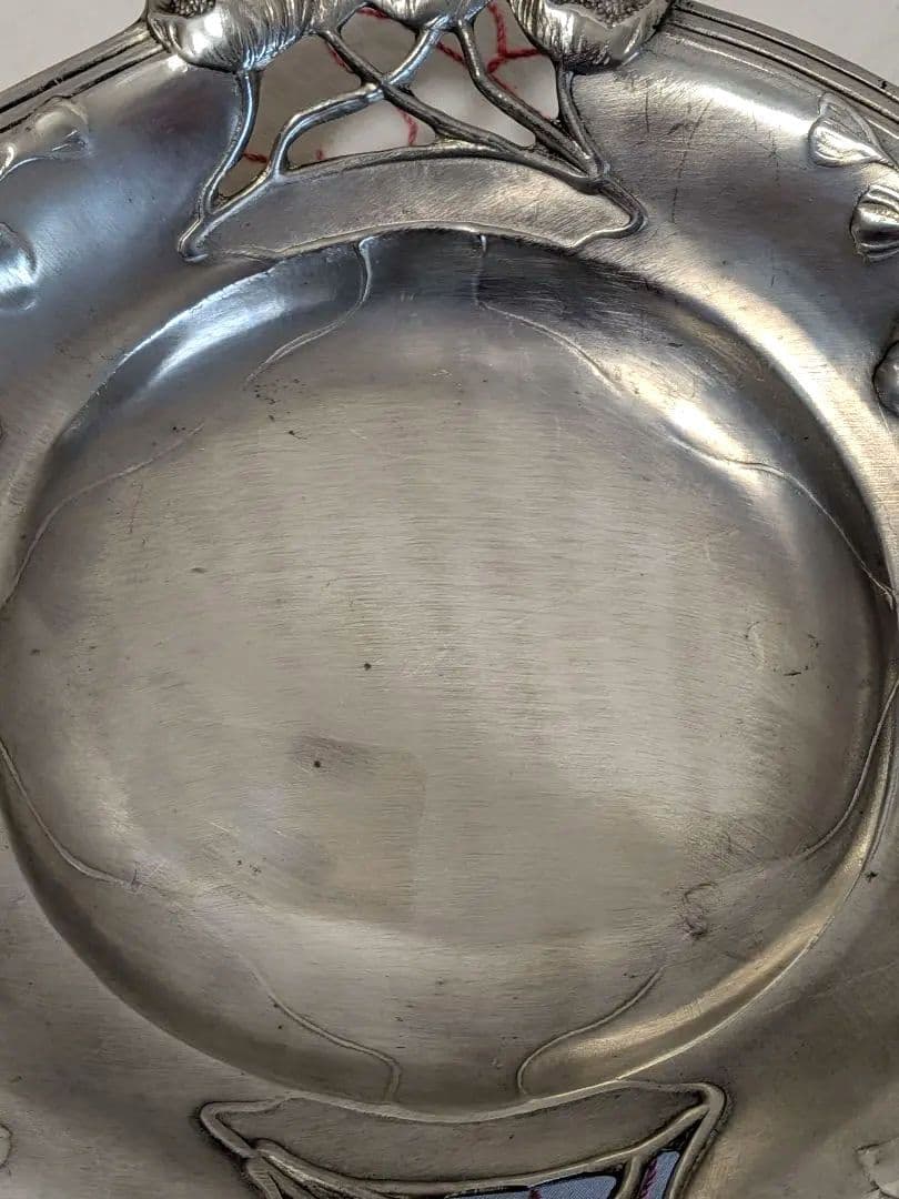 AUSTRIA 持ち手付きボウル トレー 皿 ポピー柄 透かし ピューター製