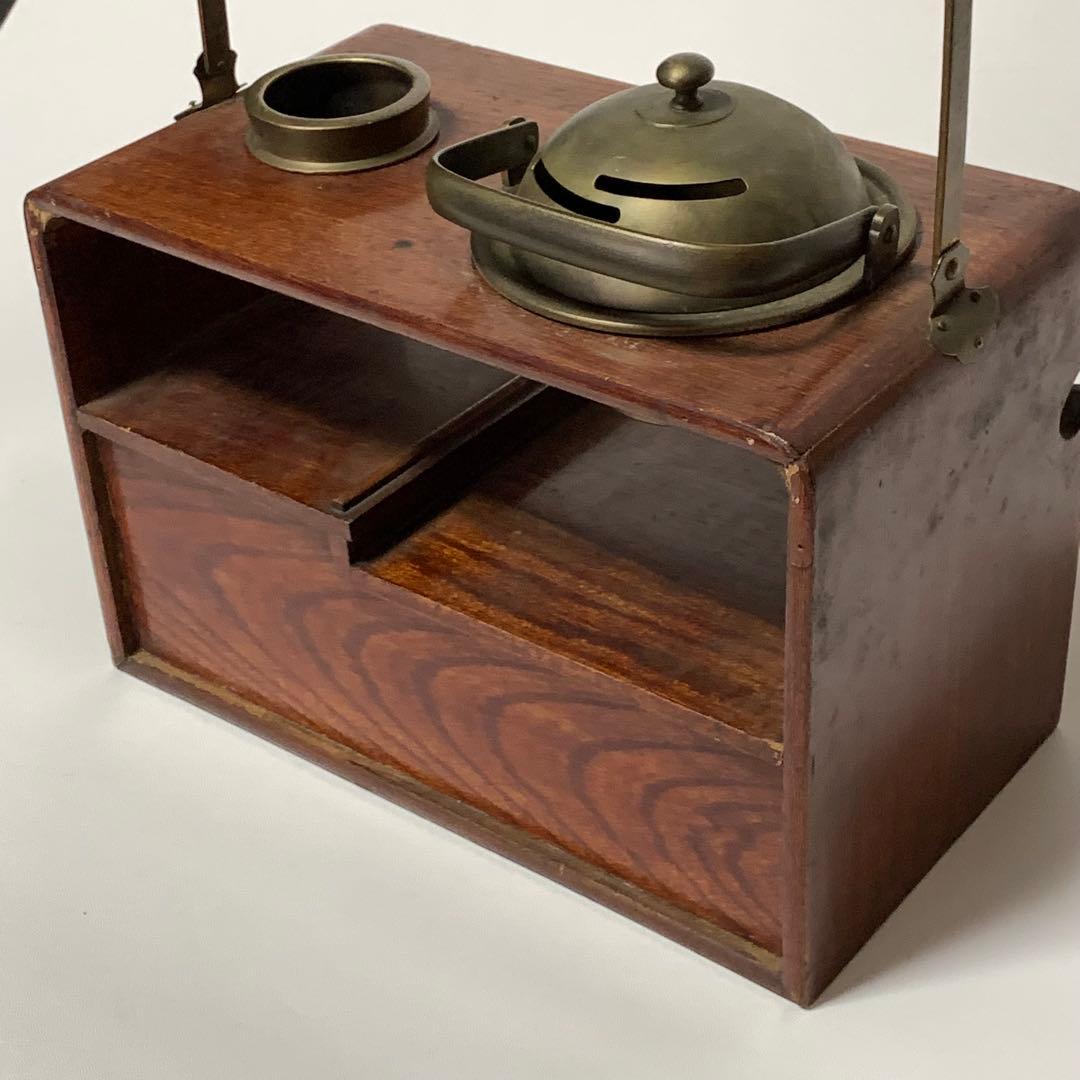 京都 時代物 欅製 銅手付小引出付 四方形 煙草盆 欅四方形莨盆 時代喫煙具