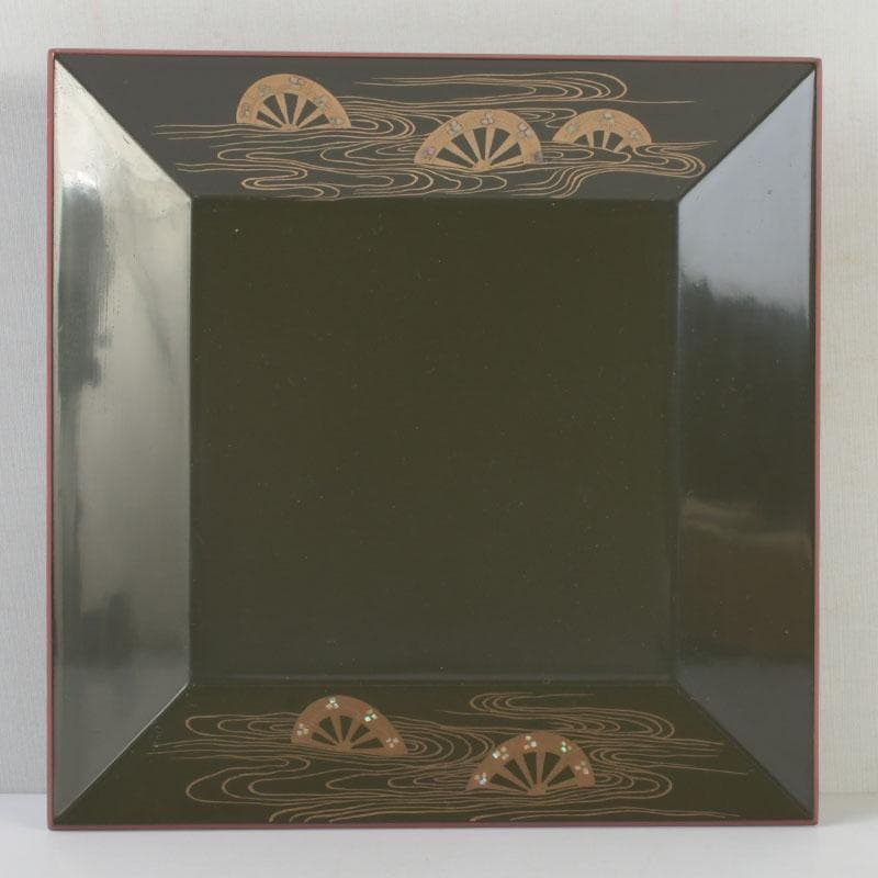 和食器　茶懐石　山中塗　辻石斎作　螺鈿装飾　片輪蒔絵　四方盆　共箱　N　9855