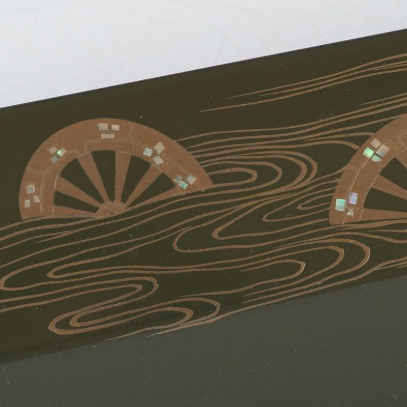 和食器　茶懐石　山中塗　辻石斎作　螺鈿装飾　片輪蒔絵　四方盆　共箱　N　9855