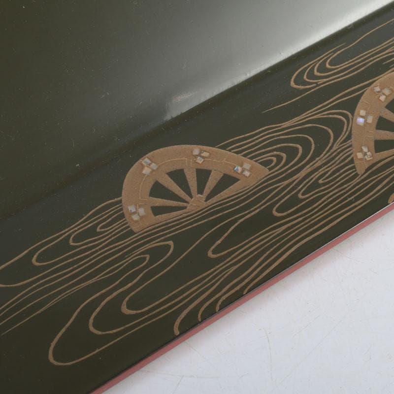 和食器　茶懐石　山中塗　辻石斎作　螺鈿装飾　片輪蒔絵　四方盆　共箱　N　9855